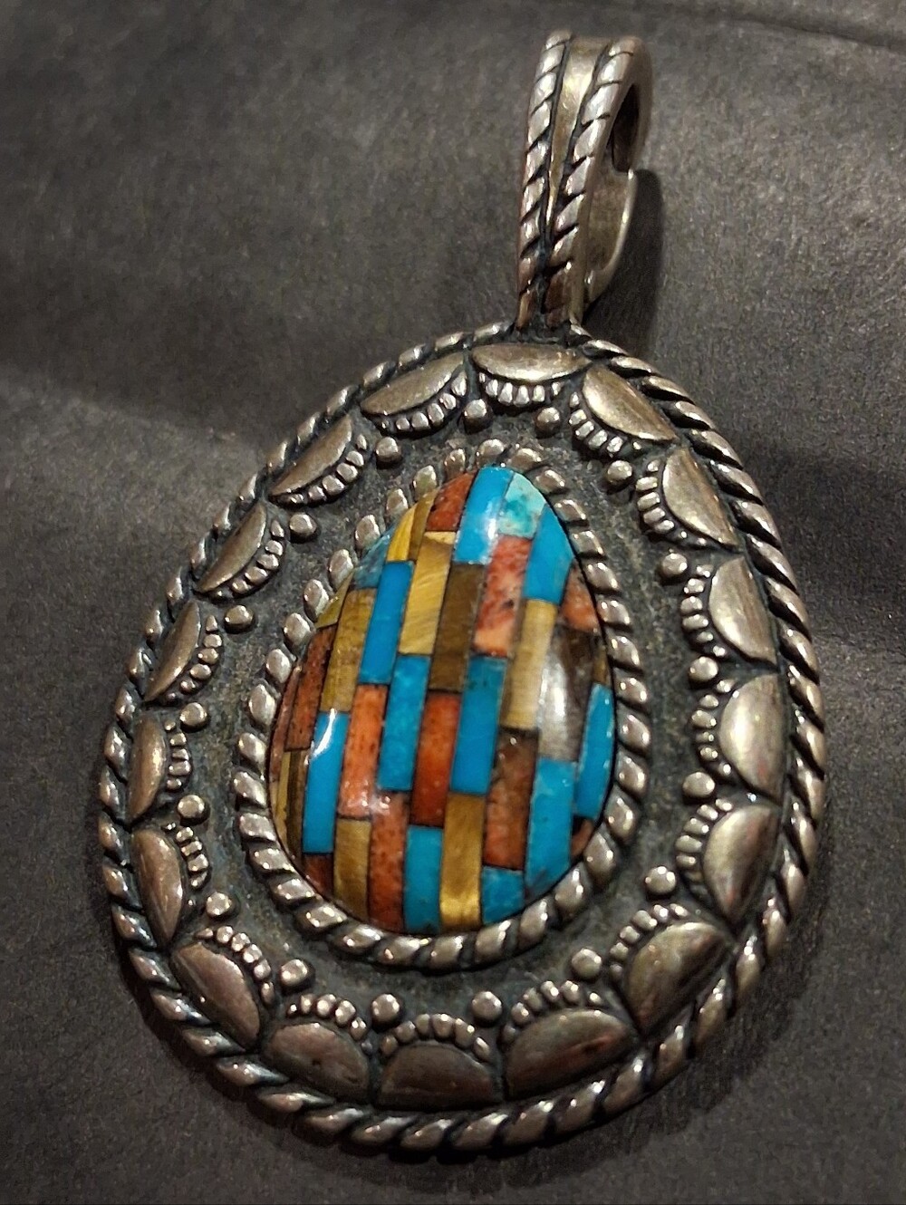 VTG Carolyn Pollack Sterling Silver Multi-Stone Mosaic Inlay Teardrop Pendant